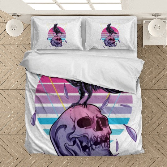 Vaporwave Skull And Crow Aesthetic Pastel Goth Bedding Sets