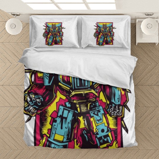 Red Bedding Sets Retro Style 90s Cartoon Comic Hero Robot
