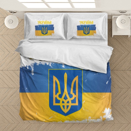 Ukraine Flag Trident Cyrillic Font Patriotic Bedding Sets