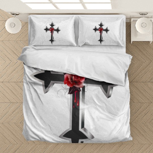 black silver colored gothic cross with red rose Bedding Sets