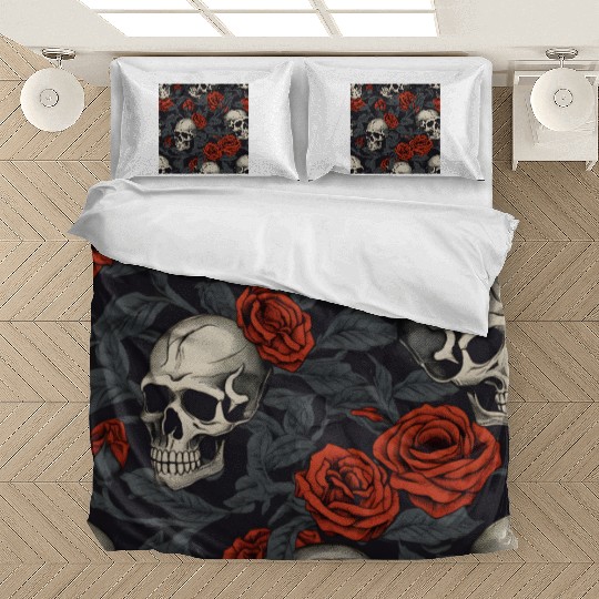 Red Roses & Skulls Pattern Dark Elegant Gothic Bedding Sets