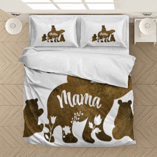 Mama Bear With 3 Baby Bear Cubs Following Mama Bedding Sets