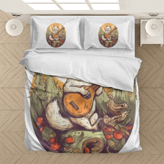 Cat Playing Banjo In The Forest in Cottagecore Bedding Sets