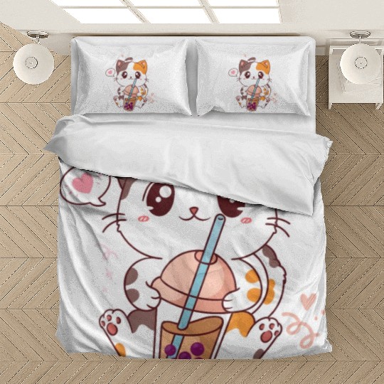 Cat Boba Tea Bubble Tea Kawaii Anime Japanese Bedding Sets
