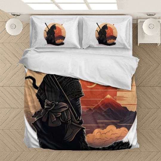 Vintage Japanese Sunset Style And Samurai Cat Kitt Bedding Sets