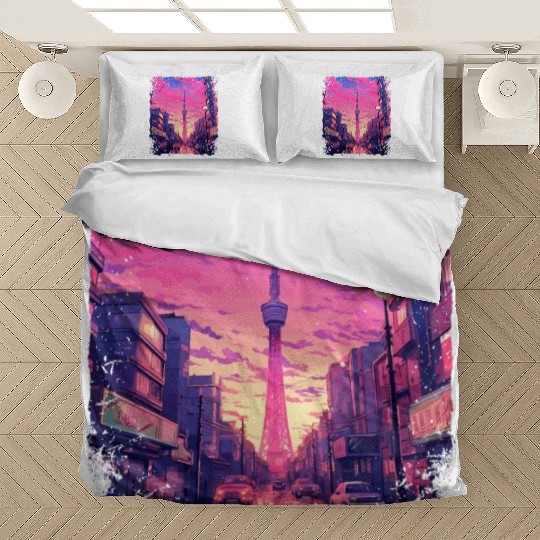 Skytree Tokyo Vaporwave Aesthetic Japanese Sight Bedding Sets