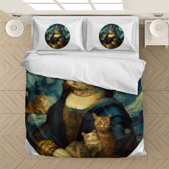 Mona Lisa With Cats Starry Night Van Gogh Painting Bedding Sets