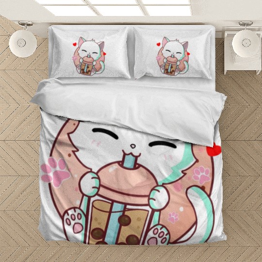 Cat Boba Tea Bubble Tea Kawaii Anime Japanese Bedding Sets