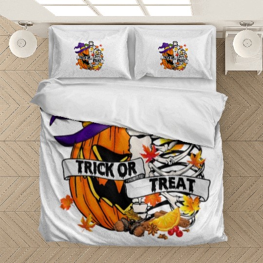 Retro Fall Leaves Trick Or Treat Halloween Pumpkin Bedding Sets