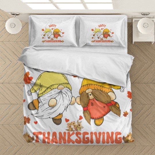 Happy Thanksgiving Gnomes Pumpkin Autumn Leaves Bedding Sets