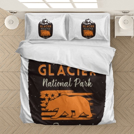 Glacier National Park Us Flag Grizzly Bear Bedding Sets