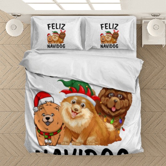 Feliz Navidog Chow Chow Reindeer Christmas Light Bedding Sets