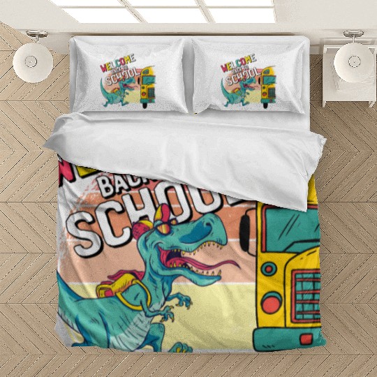 Funny T-Rex Running to School Bus Welcome Back to Bedding Sets