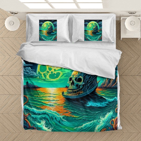 Pirate Ship With A Skull At Full Moon Bedding Sets