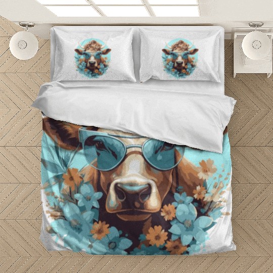 a cow with sunglasses Bedding Sets
