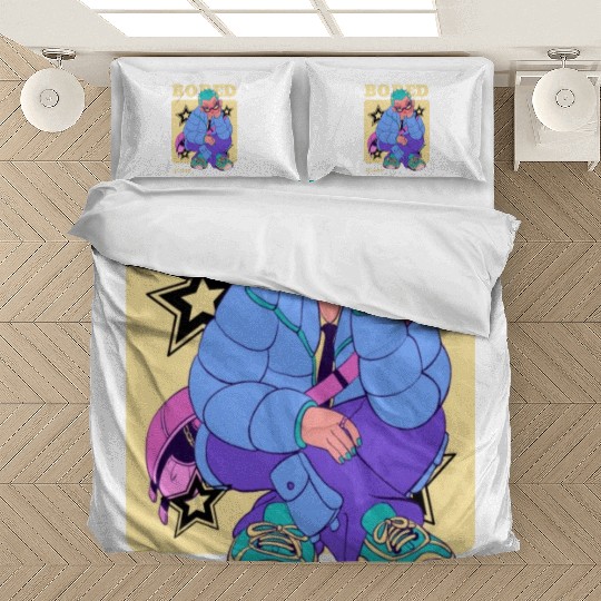 Black Cream Blue Y2K Anime Illustrated Bored Bedding Sets
