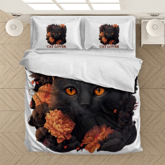 Cat Lover - Sweet Black Cat with Flowers Bedding Sets