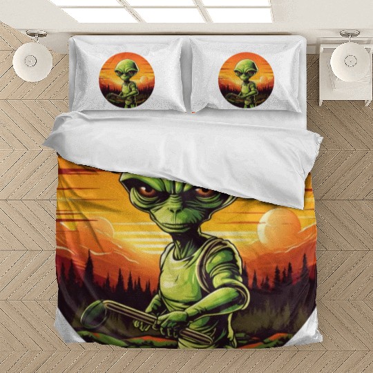 Green Alien Golfer - Extraterrestrial Playing Golf Bedding Sets