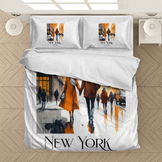 Watercolor painting loving couple in New York City Bedding Sets