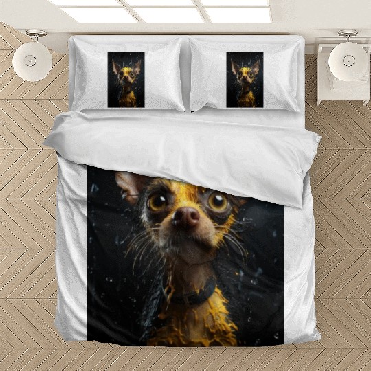 Cute Chihuahua in Yellow Surreal Rain Bedding Sets