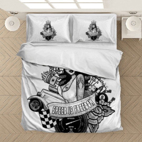 Pin up, Hot rod and Speedometer, black and white Bedding Sets