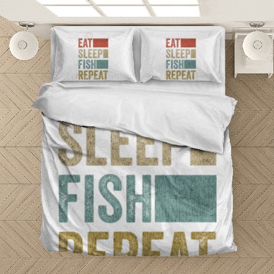 Eat Sleep Fish Repeat Fisher Gift 70s 80s Retro Bedding Sets