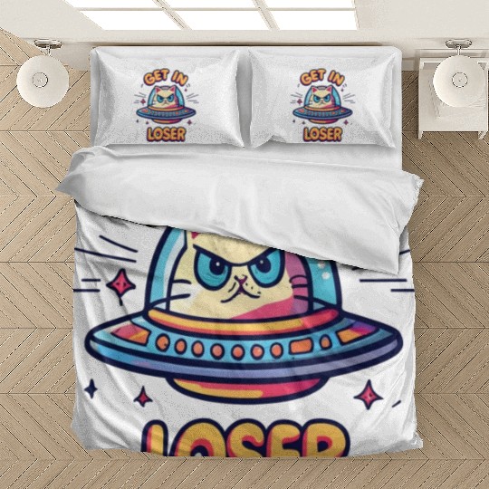 Get In Loser Angry Cat in a UFO Bedding Sets
