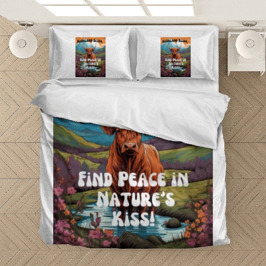 Highland Cow Standing in a cartoon mountain landsc Bedding Sets