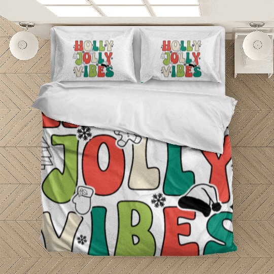 Holly Jolly Vibes Happy Xmas Christmas Holiday Bedding Sets