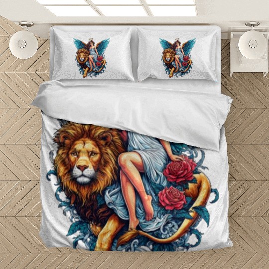 Pretty angel on lion with flowers Bedding Sets