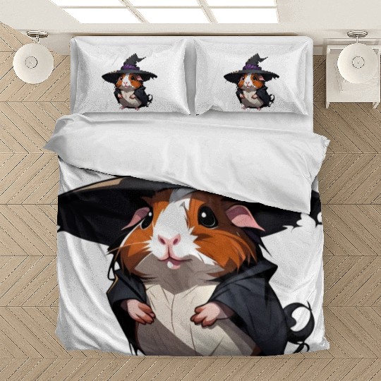 Cute Halloween guinea pig with a witch hat. Bedding Sets