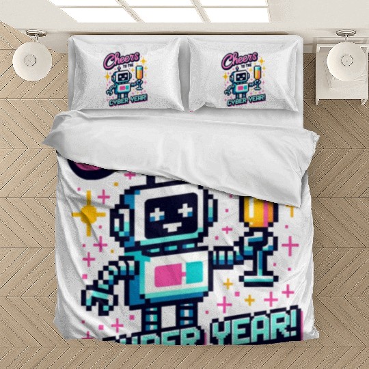 Retro Robot New Year's Toast - Cyber Champagne Fun Bedding Sets
