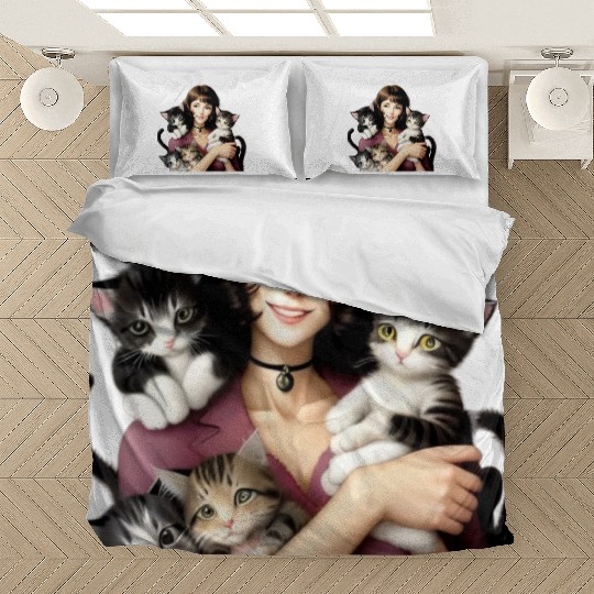 Pretty Cat Lady with Cute Kittens Bedding Sets