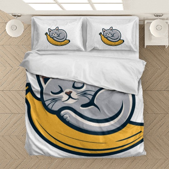 Gray Cat Sleeping On A Banana Bedding Sets
