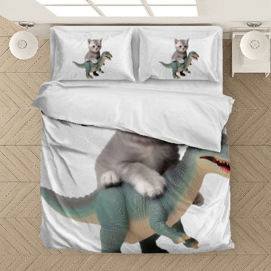 Cute kitten rides on T-rex Bedding Sets