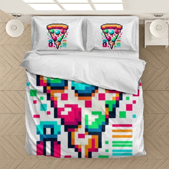 Futuristic Pixel Pizza: Neon-Topped Delight Bedding Sets