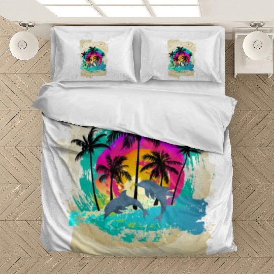 Dolphin Palm Tree Sunset Bedding Sets