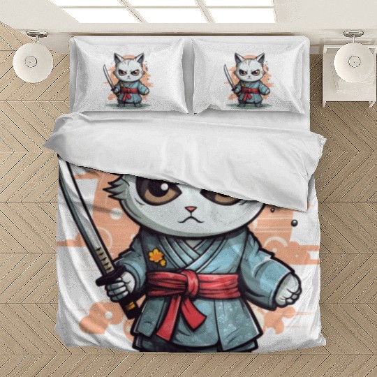 Cute Samurai Cat Kawaii Japanese Ronin Aesthetic A Bedding Sets