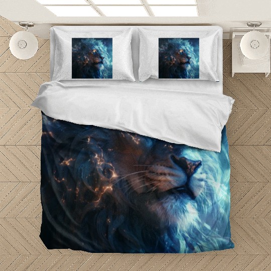 Blue Fantasy Lion Face with Gold Eyes Bedding Sets