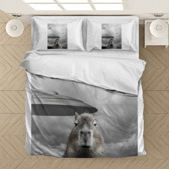 Funny Graphic Capybara Selfie with UFOs Weird Bedding Sets