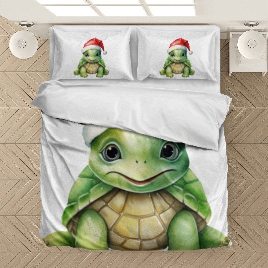 cute green sea turtle wearing a Santa hat Bedding Sets