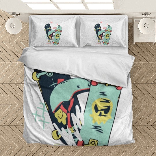 Black Light Green Modern Illustrated Skateboard Bedding Sets
