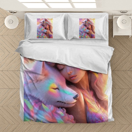 Rainbow Friends - White Wolf and Girl Bedding Sets