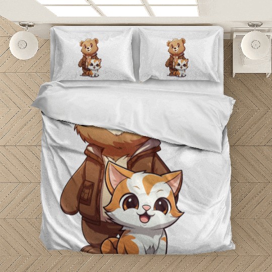 cute kitty cat and teddy bear in cartoon style Bedding Sets