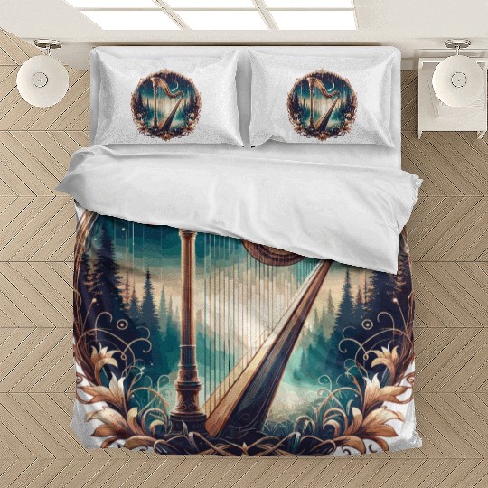Harp in front of a fantasy forest Bedding Sets