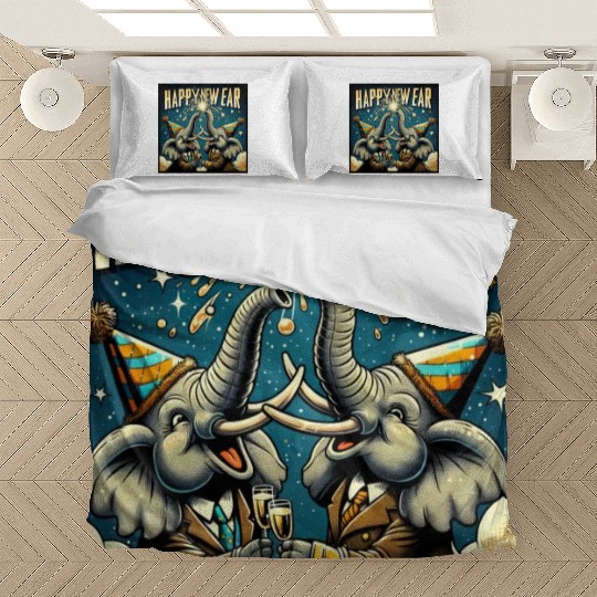 New Year's Eve Elephant Cheers with Champagne Bedding Sets