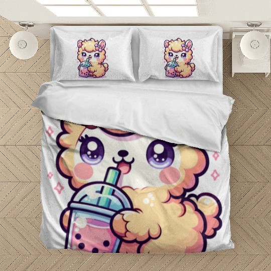Kawaii Llama Sips Bubble Tea Cute Llama Boba Tea Bedding Sets