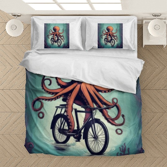 A weird octopus riding a bicycle Bedding Sets