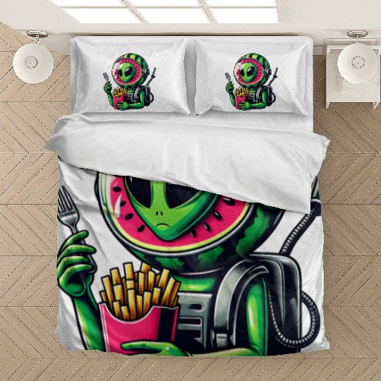 Alien with watermelon helmet eats fries Bedding Sets