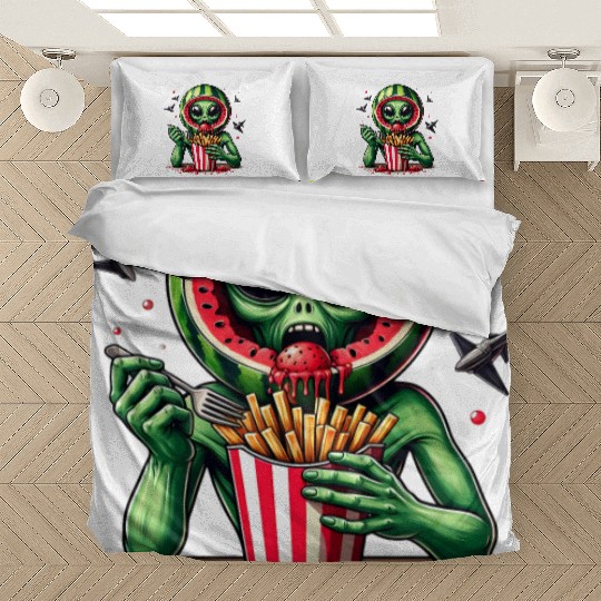Alien with watermelon helmet eats fries Bedding Sets
